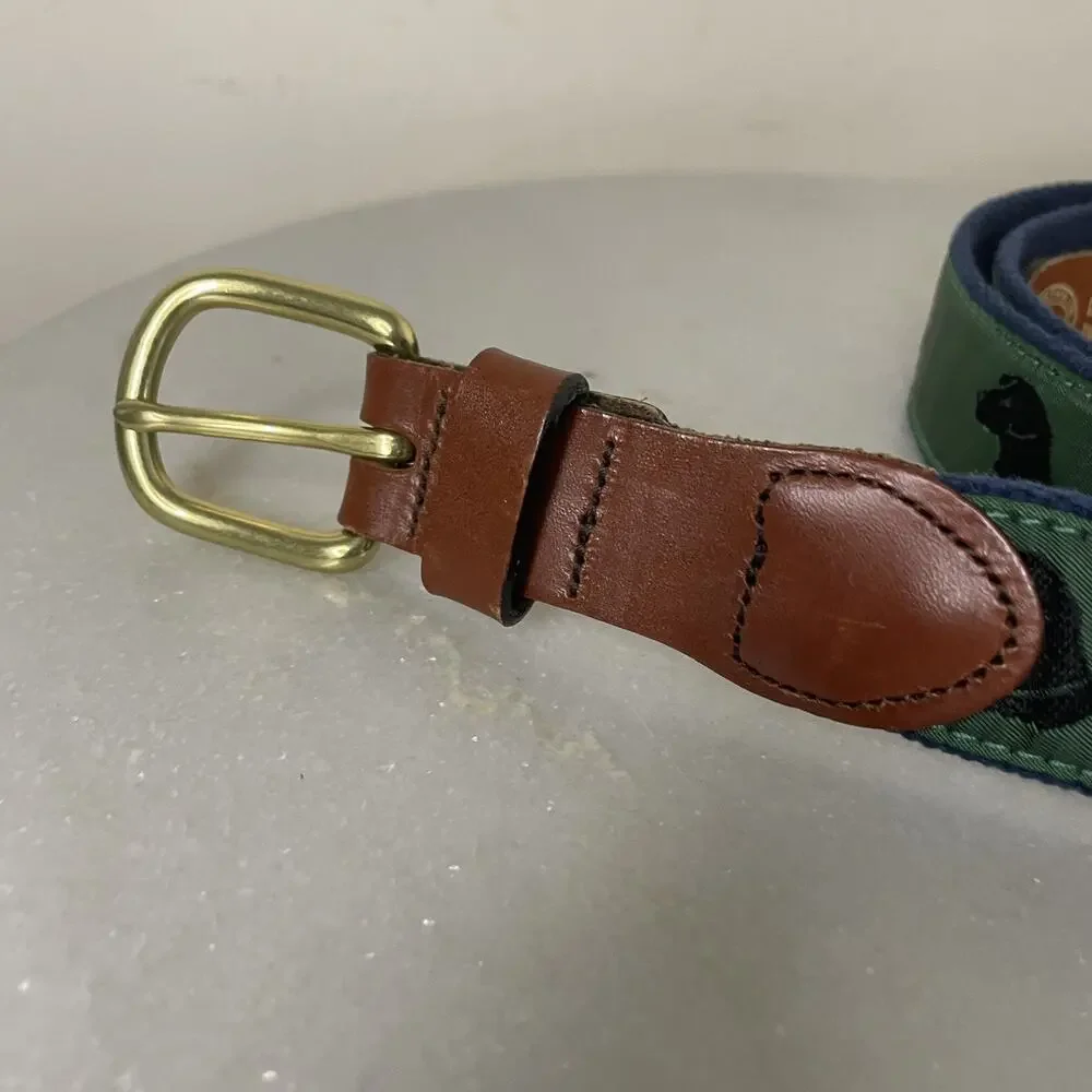 Leather Man Ltd. Black Lab Dog Fabric & Leather Belt VTG Men Sz 48” Preppy